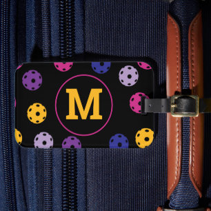 Vibrant pickleballs on black, custom initial luggage tag