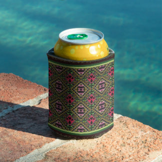 Vibrant Pink and Green Abstract Fabric Art Can Cooler