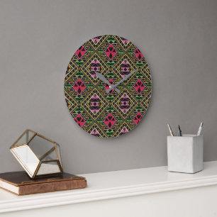 Vibrant Pink and Green Abstract Fabric Art Large Clock