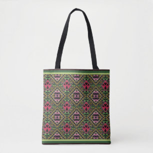 Vibrant Pink and Green Abstract Fabric Art Tote Bag