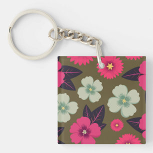 Vibrant Pink and Green Floral on Olive Background Key Ring