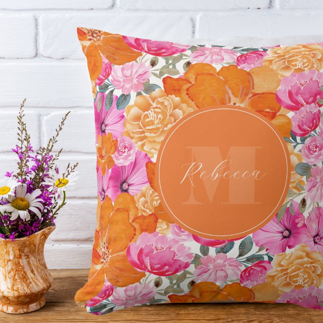 Vibrant Pink and Orange Floral Garden Custom Name Cushion (Creator Uploaded)