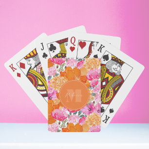 Vibrant Pink and Orange Floral Garden Custom Name Playing Cards