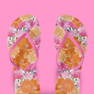 Vibrant Pink and Orange Floral Garden Custom Name Thongs