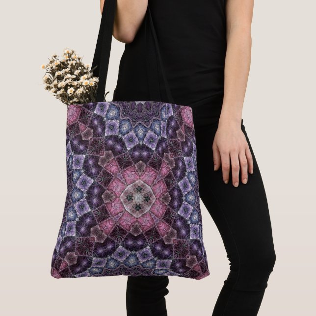 Vibrant Pink and Purple Mandala Web Pattern Tote Bag (Close Up)