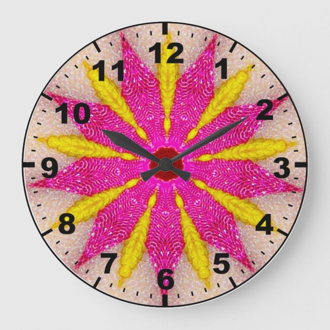 ~Vibrant Pink and Yellow Star Fractal ~  Large Clock (Front)