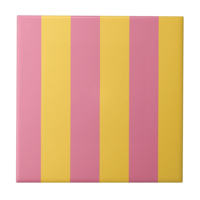 Vibrant Pink and Yellow Vertical Striped Pattern Ceramic Tile (Front)