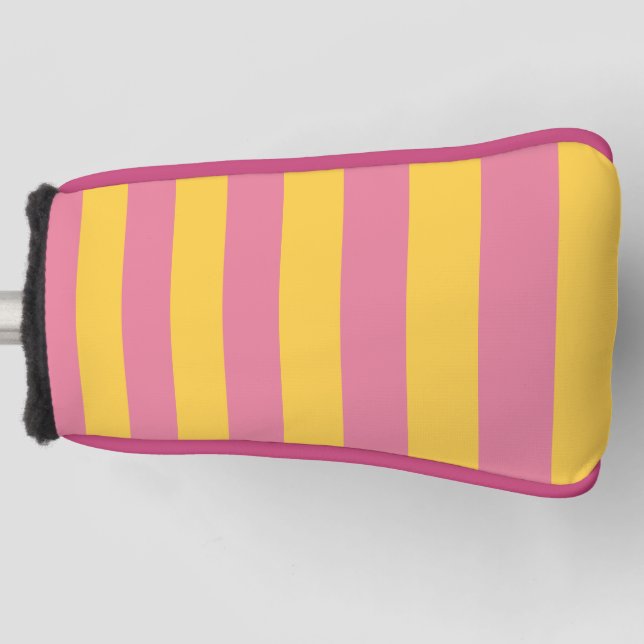 Vibrant Pink and Yellow Vertical Striped Pattern Golf Head Cover (Front)