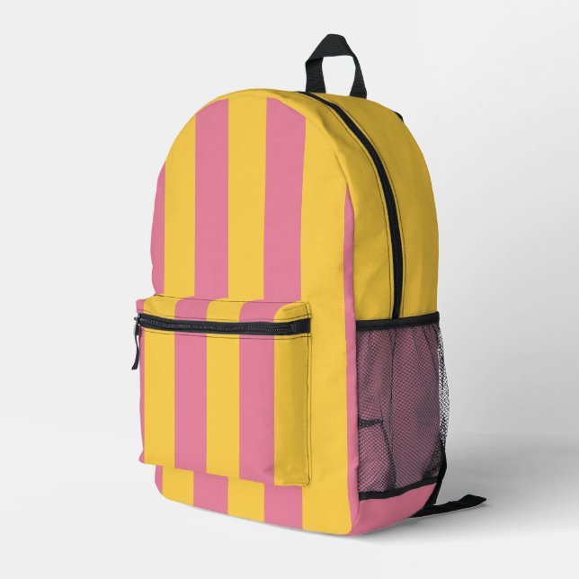 Vibrant Pink and Yellow Vertical Striped Pattern Printed Backpack (Back Corner Right)