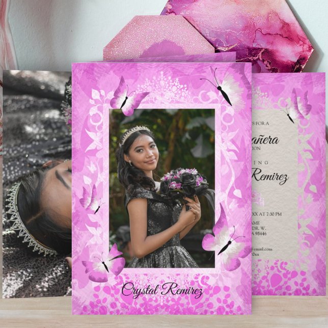 Vibrant Pink & Black Butterfly Quinceanera  Card (Vibrant pink and black butterfly, folded Quinceanera invitation, elegant script calligraphy text)