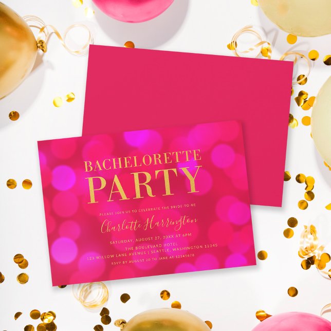 Vibrant Pink Bokeh Lights Bachelorette Party Invitation (Creator Uploaded)