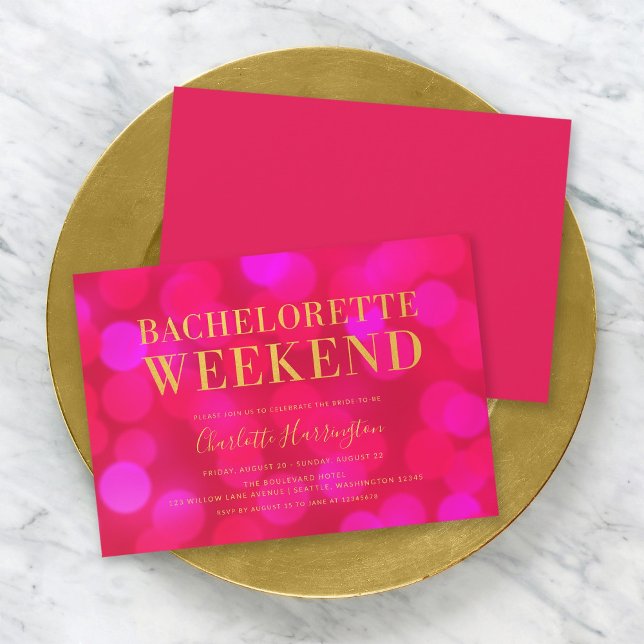 Vibrant Pink Bokeh Lights Bachelorette Weekend Invitation (Creator Uploaded)