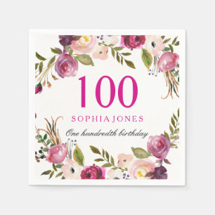 Vibrant Pink Botanical Floral 100th Birthday Party Napkin