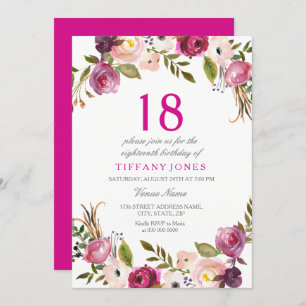 Vibrant Pink Botanical Floral 18th Birthday Invite