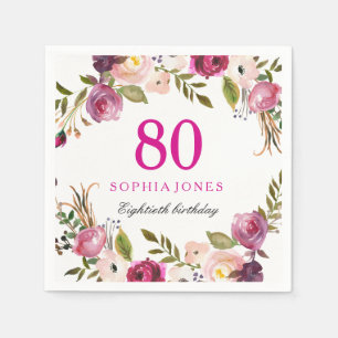 Vibrant Pink Botanical Floral 80th Birthday Party Napkin
