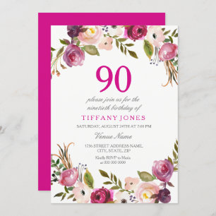 Vibrant Pink Botanical Floral 90th Birthday Invite