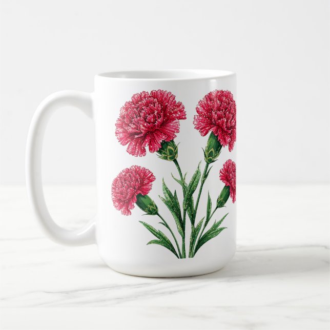 Vibrant Pink Carnations With Green Stems Coffee Mug (Left)