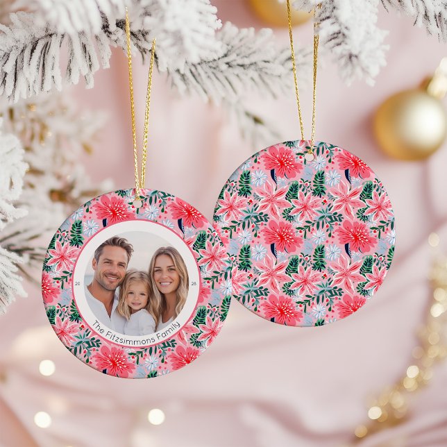 Vibrant Pink Christmas Floral 1 Sided Photo Ceramic Ornament (Pink Tropical Floral Christmas one sided photo ornament)