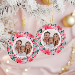 Vibrant Pink Christmas Floral 2 Sided Photo Ceramic Ornament