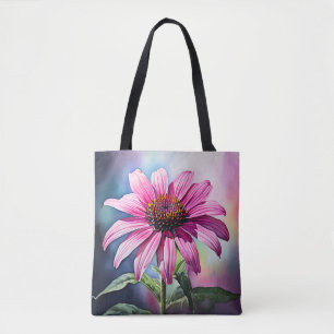 Vibrant Pink Coneflower Watercolor Tote Bag