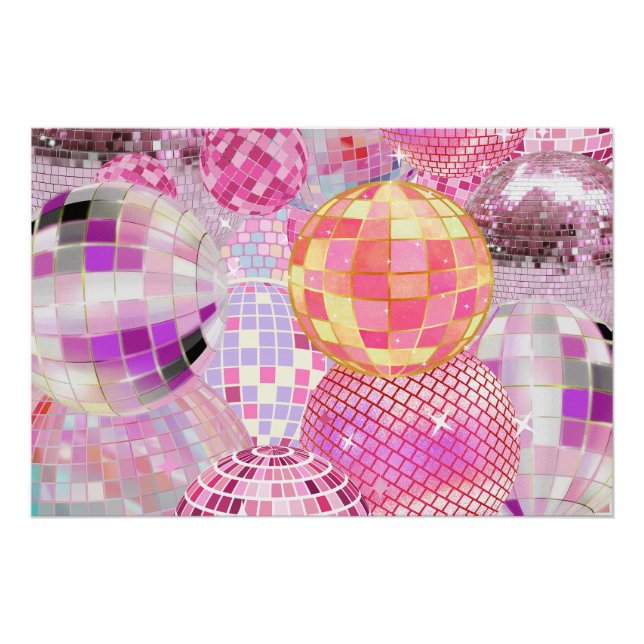 Vibrant Pink Disco Ball Dance Party Colla - Poster (Front)