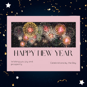 Vibrant Pink Fireworks Happy New Year Celebration Holiday Postcard