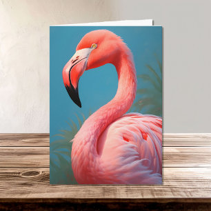 Vibrant Pink Flamingo on a Sky Blue Background Card