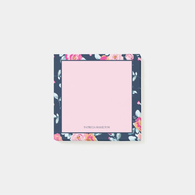 Vibrant Pink Floral Custom Name Post-it Notes (Front)