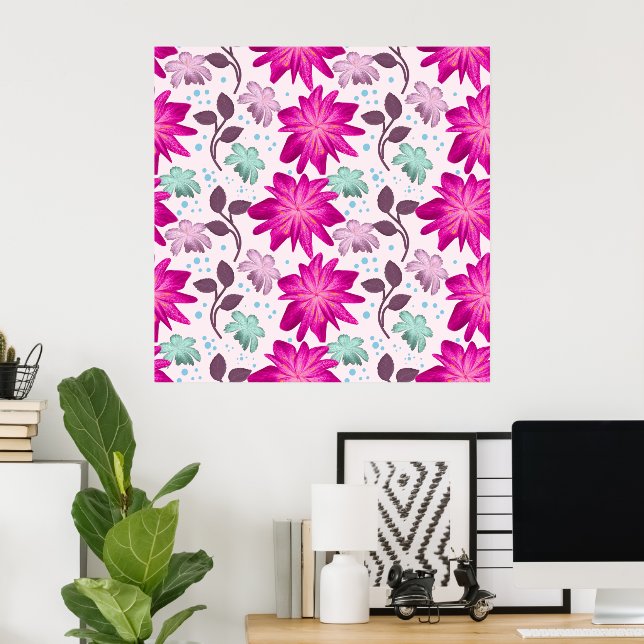 Vibrant Pink Floral Pattern | Bold Modern Flowers  Poster (Home Office)