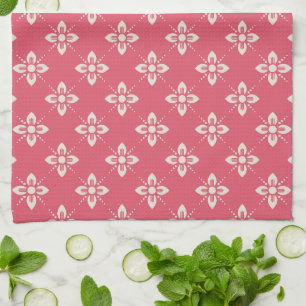 Vibrant Pink Floral Pattern with Geometric Flowers Tea Towel