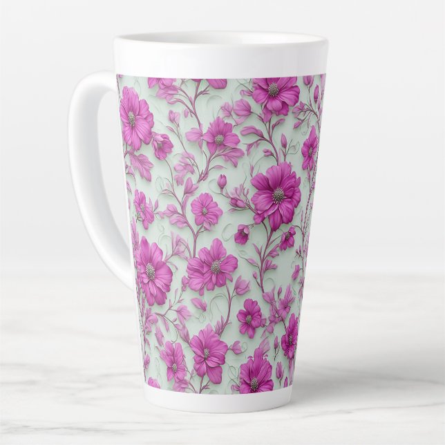 Vibrant Pink Floral Pattern With Magenta Flowers Latte Mug (Left Angle)