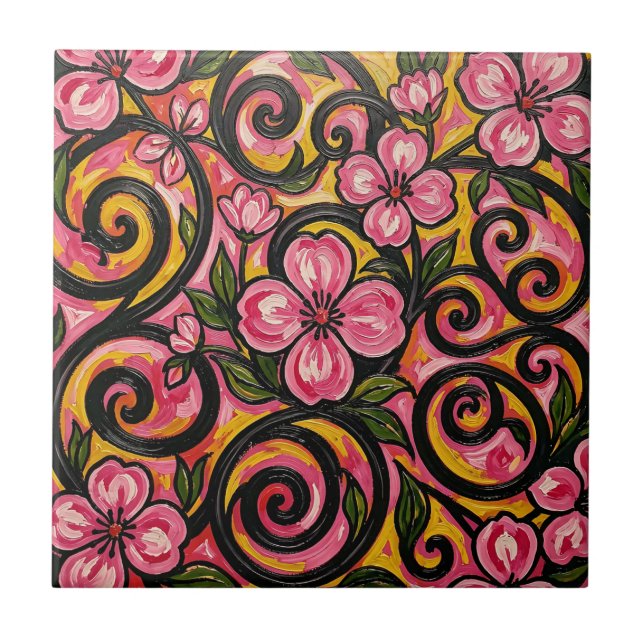 Vibrant Pink Floral Swirl Art Ceramic Tile (Front)