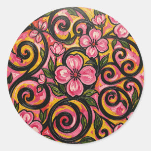 Vibrant Pink Floral Swirl Art Classic Round Sticker
