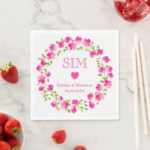 Vibrant Pink Floral Wreath, Heart Wedding Monogram Napkin