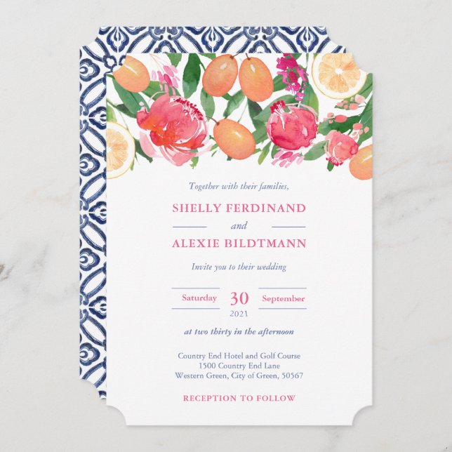Vibrant Pink Florals Citrus Dark Blue Tile Wedding Invitation (Front/Back)