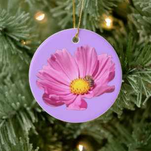 Vibrant Pink Flower With A Bee On A Summer Day Cut Ceramic Ornament