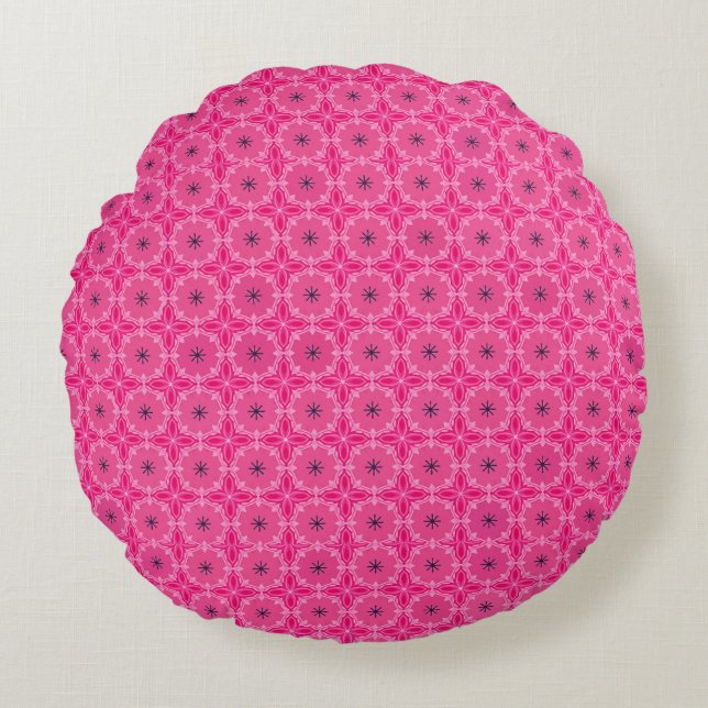 Vibrant Pink Geometric Floral Cross Patterns Round Cushion (Front)