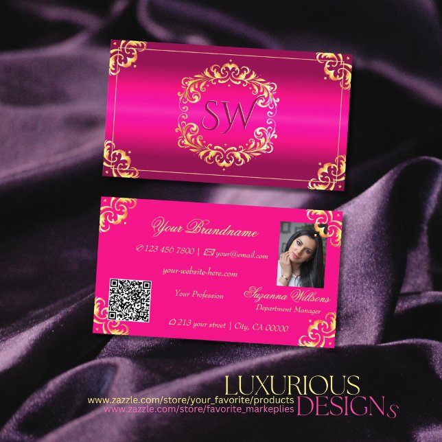 Vibrant Pink Gold Ornate Monogram Photo QR Code Business Card (Creator Uploaded)