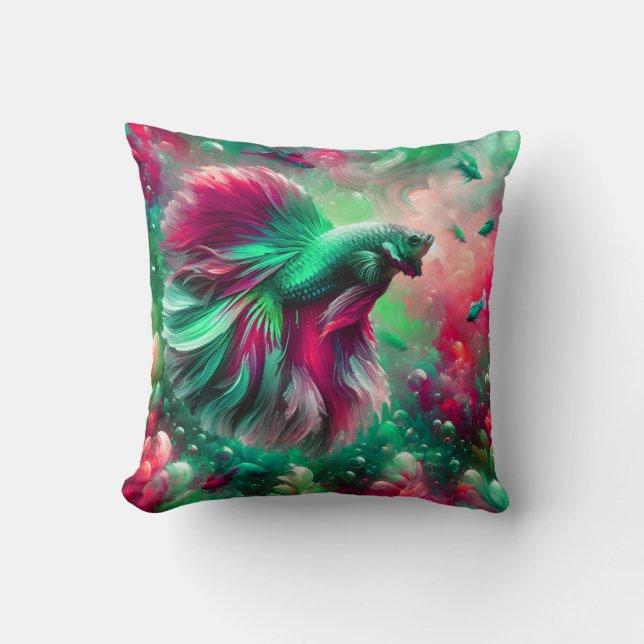 “Vibrant Pink & Green Betta Fish Art” Cushion (Front)