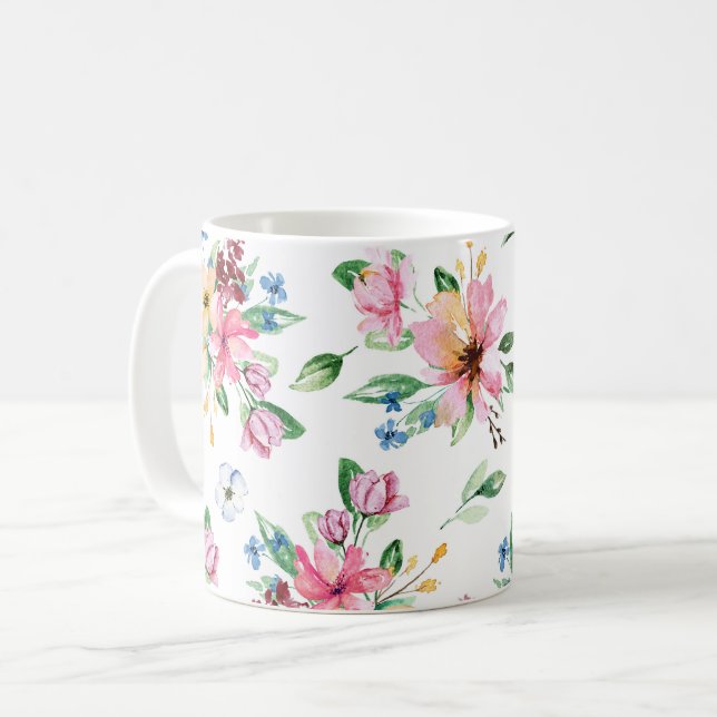 Vibrant Pink Green Floral Foliage Print Coffee Mug (Front Left)