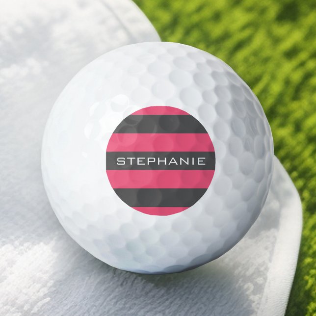 Vibrant Pink & Grey Rugby Stripes with Custom Name Golf Balls (Personalized Golf Ball - Add Your Name)