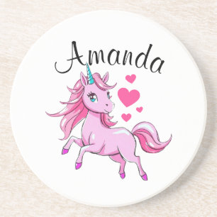 Vibrant Pink Jumping Unicorn Girl Name Coaster