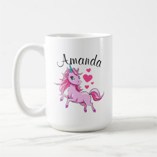Vibrant Pink Jumping Unicorn Girl Name Coffee Mug