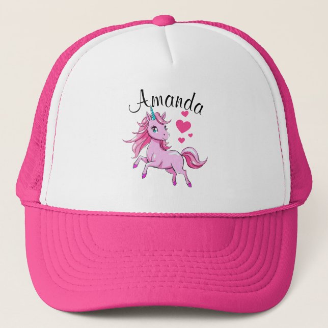 Vibrant Pink Jumping Unicorn Girl Name Trucker Hat (Front)