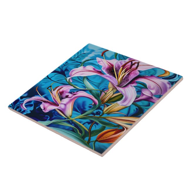 Vibrant Pink Lilies Against a Blue Background Ceramic Tile (Side)
