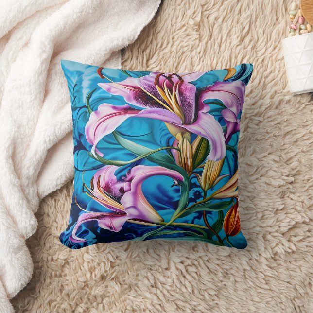 Vibrant Pink Lilies Against a Blue Background Cushion (Blanket)