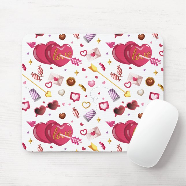 Vibrant Pink Love Heart & Sweet Candies Pattern Mouse Pad (With Mouse)
