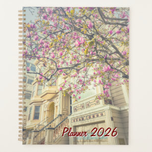 Vibrant Pink Magnolia Tree and Victorian House Planner