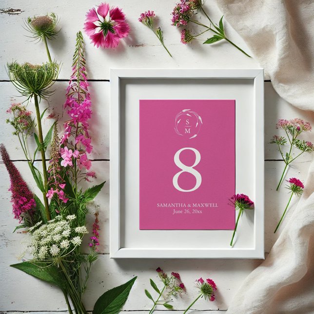 Vibrant Pink Monogram Wedding Table Number Card (Vibrant pink table number card with wildflower line art by Victoria Grigaliunas)