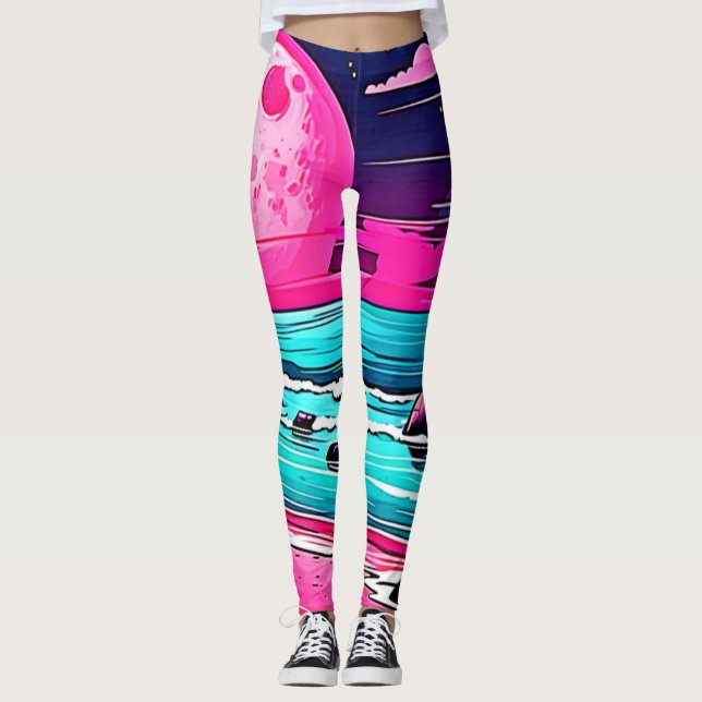 Vibrant Pink Moon Beach Leggings (Front)